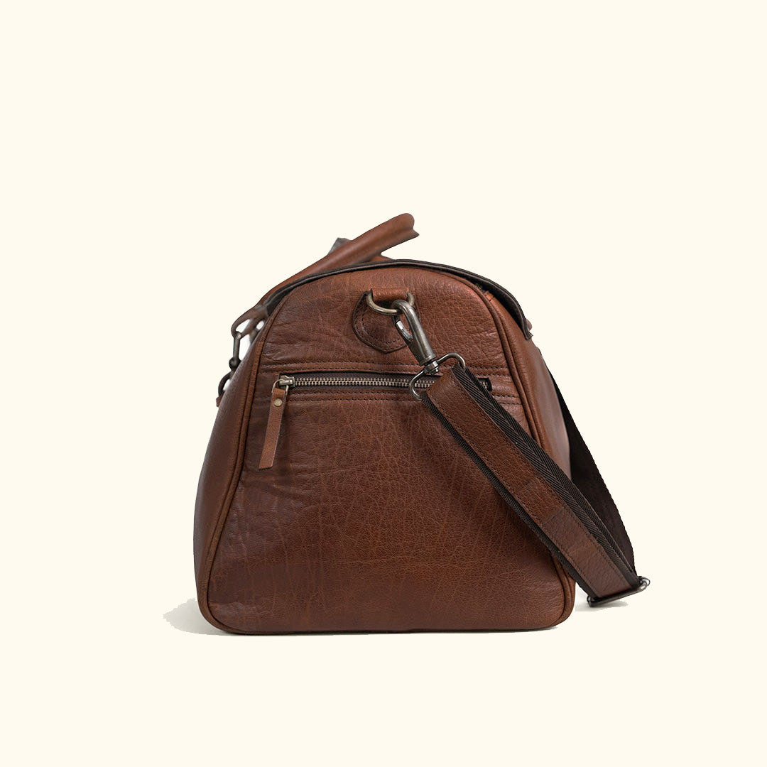 Side View - Vintage Water Buffalo Grain - leather travel duffle bag for men and women